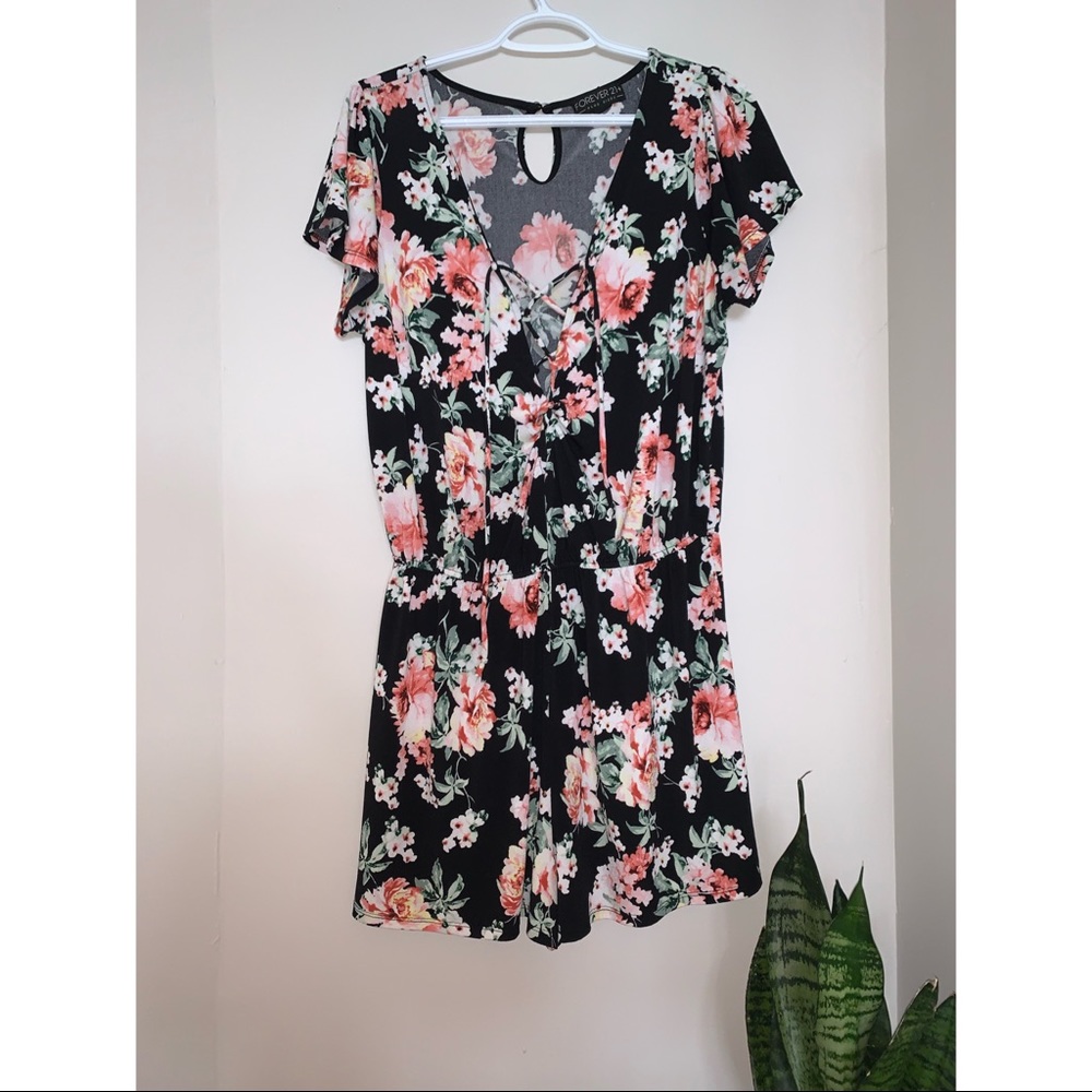 Floral romper with lace up front